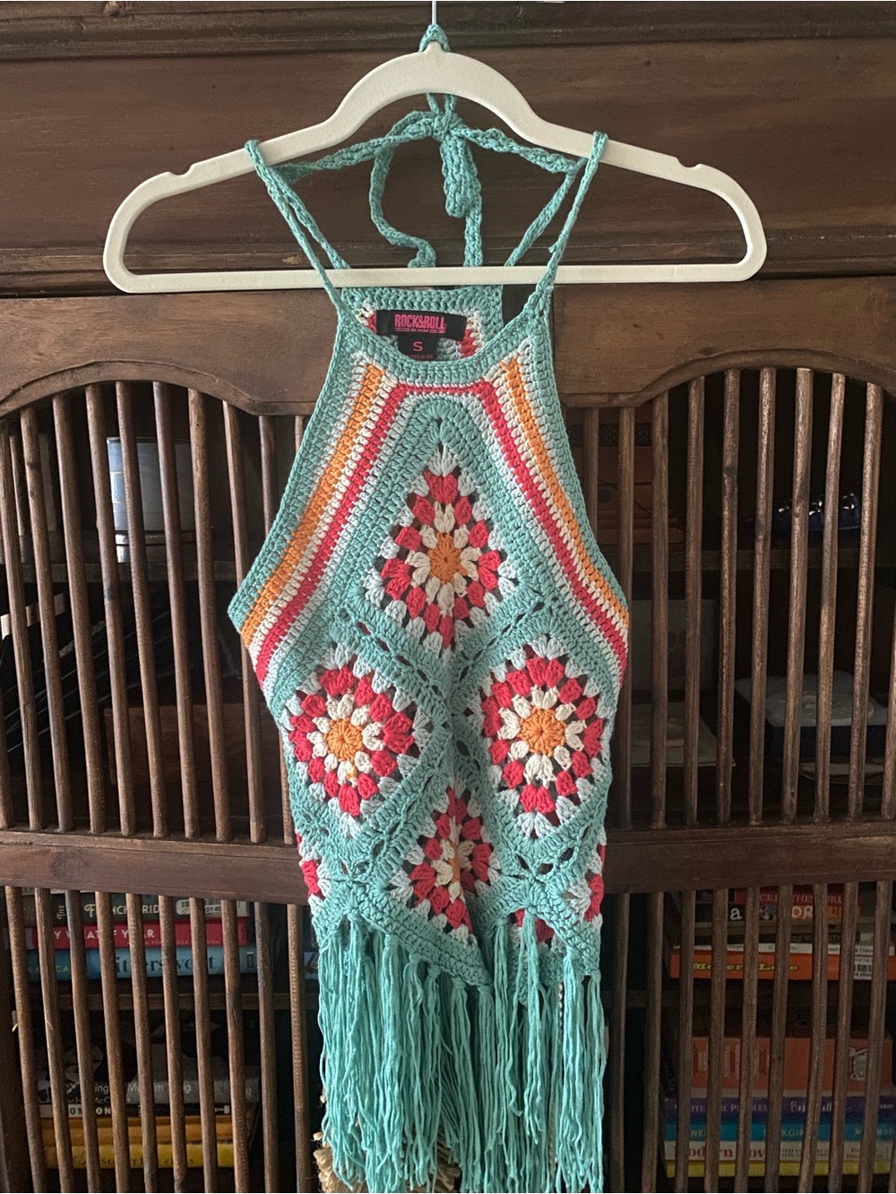 Rock & Roll Denim Crochet Halter Top Size Small